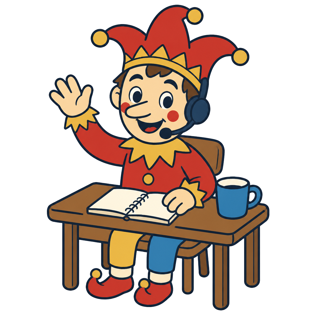 Illustration: der Kasperl mit Headset am Schreibtisch, er winkt